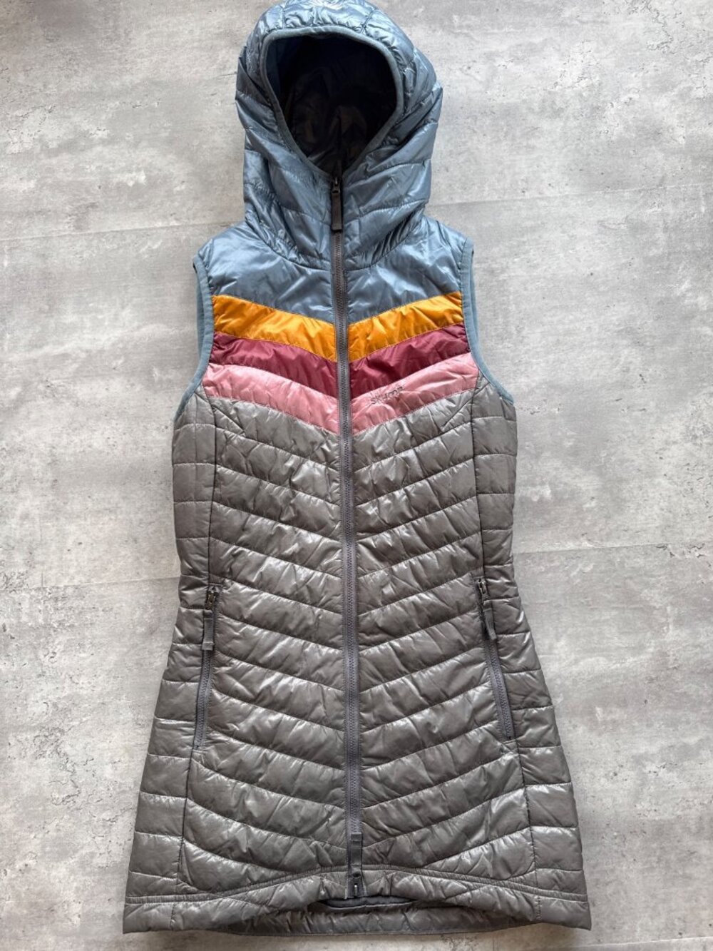 Skhoop Paige Long Insulated Vest Striped, Size XS, Grey, Blue